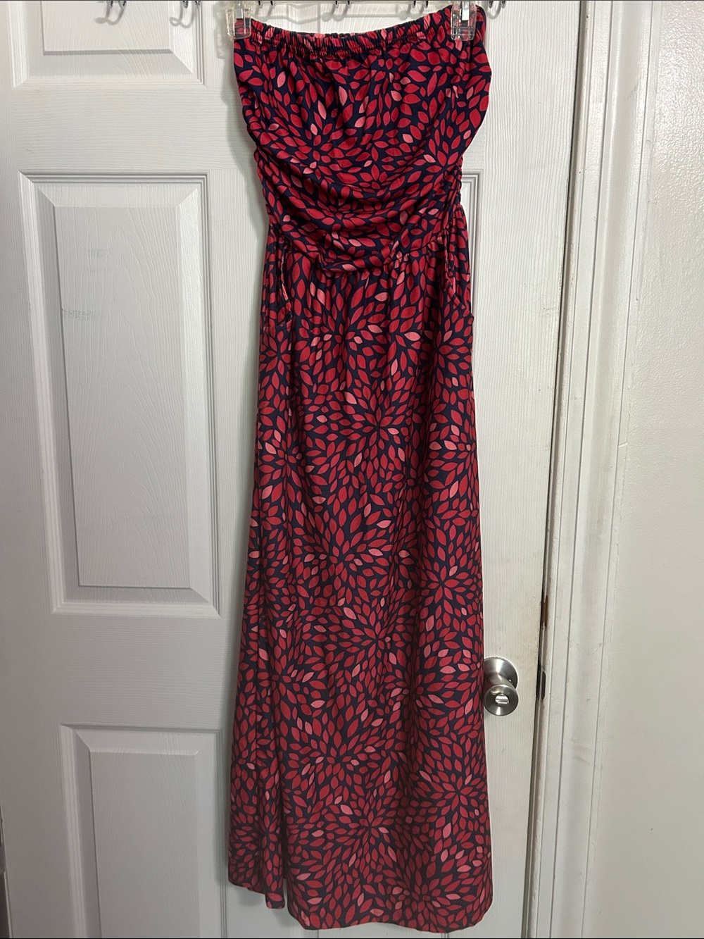 Strapless Pink Leaf-Print Maxi Dress
